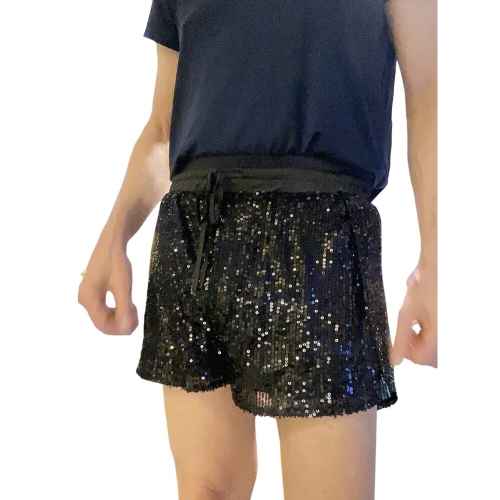 White Birch Black Cammie Sequin Shorts L Elastic Waist L* Womens*Halloween*NWT